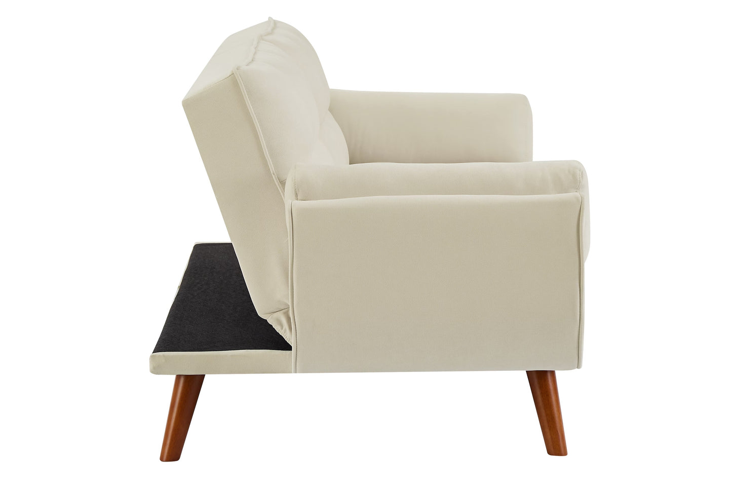 Beige sofa with wooden legs featuring a modern design and comfortable cushioning