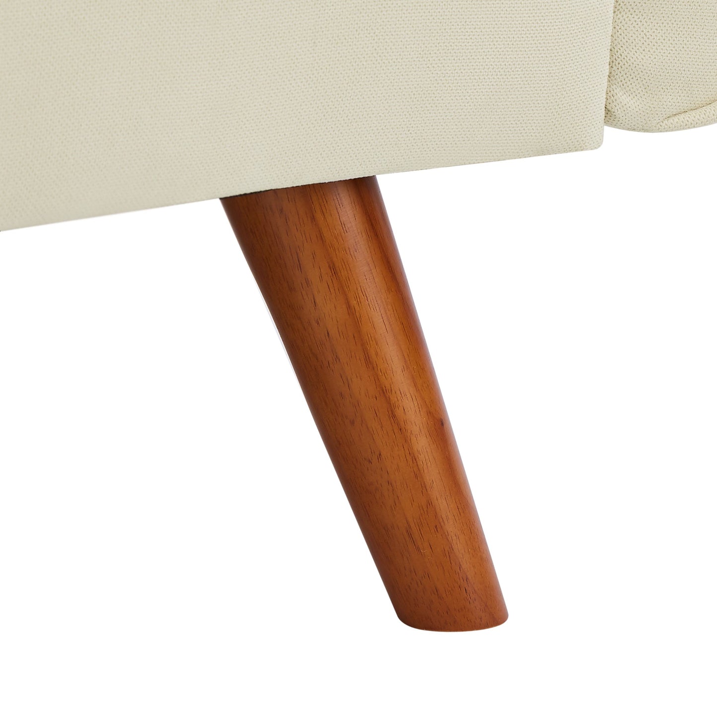 Close-up of a beige sofa with wooden legs showcasing stylish design and sturdy support