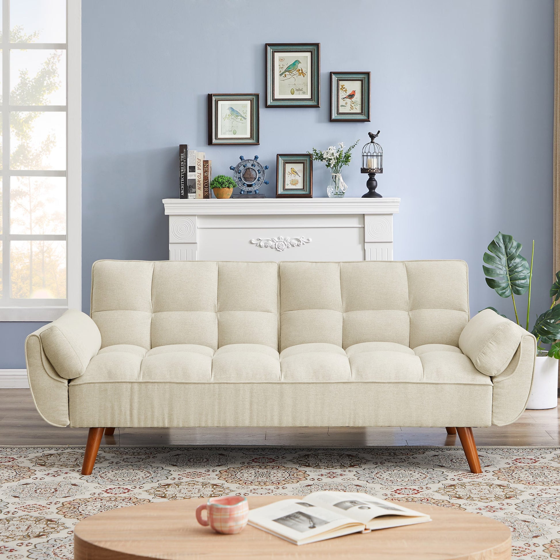 Hommeys beige sofa with wooden legs featuring a modern tufted design for stylish living rooms