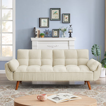 Stylish beige sofa with wooden legs, featuring tufted upholstery and a modern design for any living space
