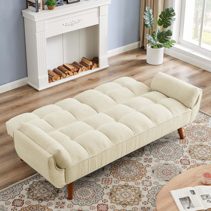 Hommeeys beige sofa with wooden legs featuring a tufted design and plush cushions in a cozy living room setting